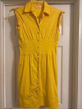 Calvin Klein Bright Yellow Button-Front Tie-Shoulder Dress
